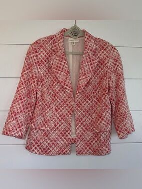 Coldwater Creek Blazer 10 Red White Basketweave Diamond Vine Embroidered Cotton